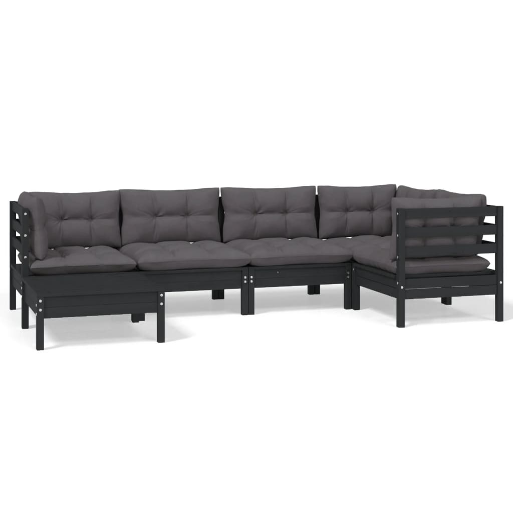 vidaXL 6 Piece Garden Lounge Set with Cushions Black Solid Pinewood