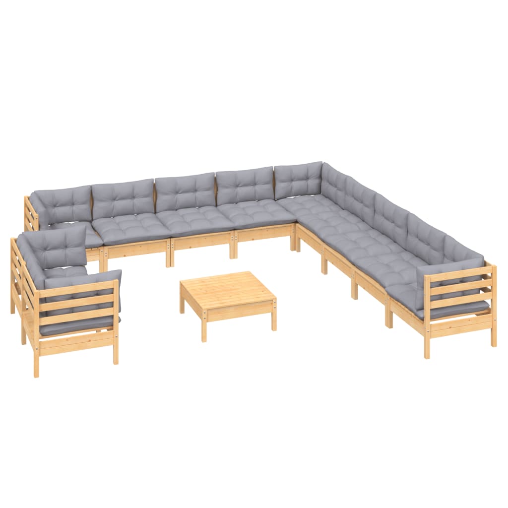vidaXL 12 Piece Garden Lounge Set with Grey Cushions Solid Pinewood