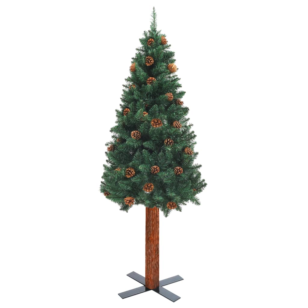 vidaXL Slim Pre-lit Christmas Tree with Real Wood&Cones Green 210 cm