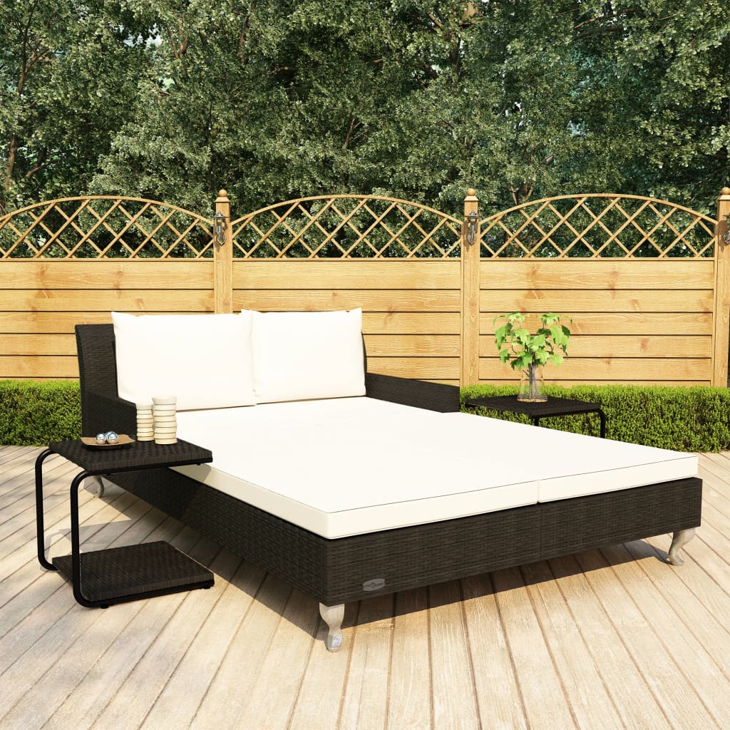 vidaXL 2-Person Garden Sun Bed with Cushions Poly Rattan Black