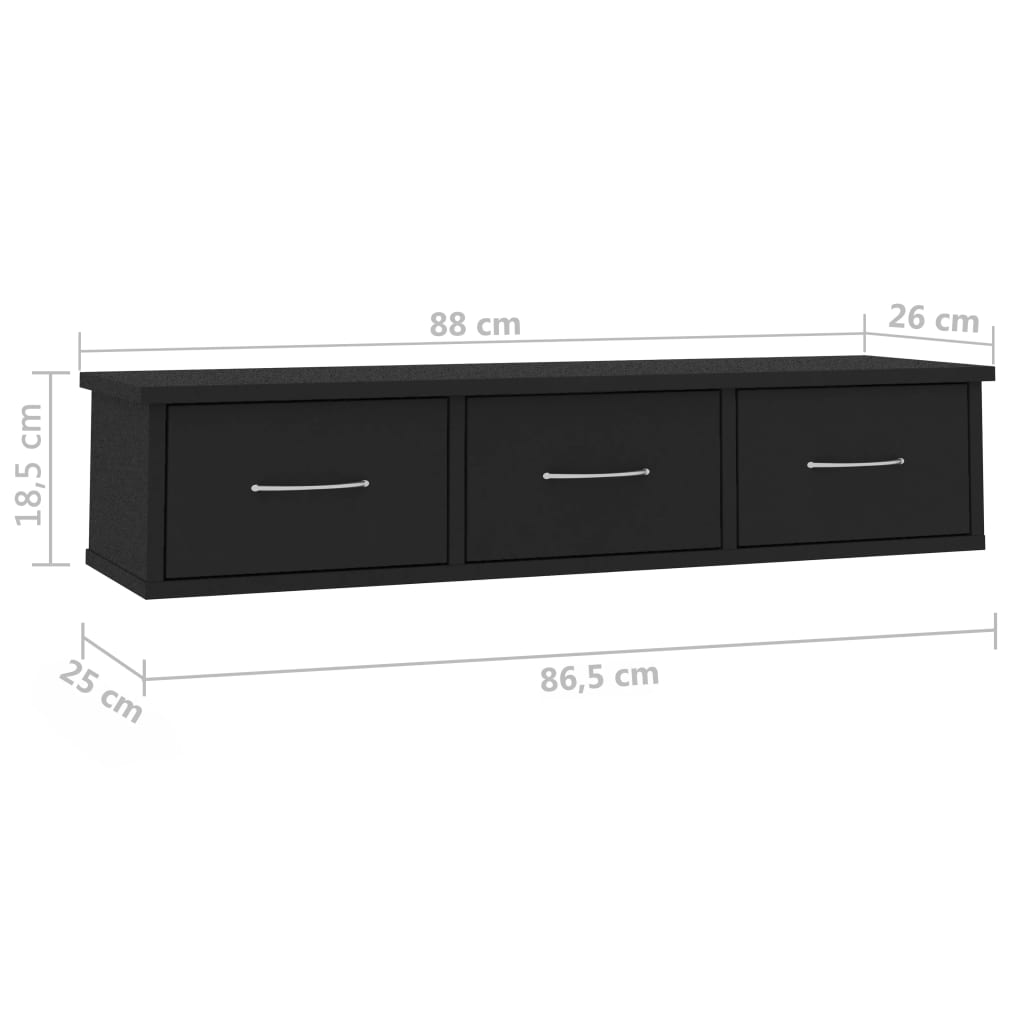 vidaXL Wall-mounted Drawer Shelf Black 88x26x18.5 cm Engineered Wood