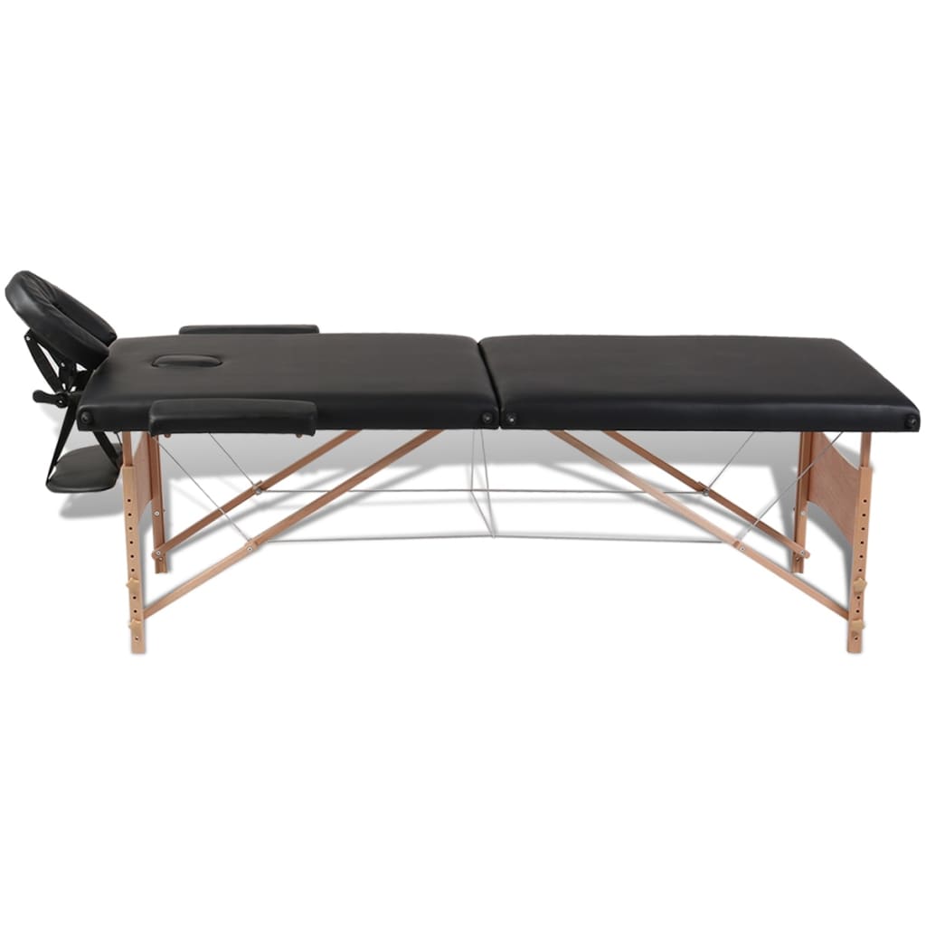 vidaXL Black Foldable Massage Table 2 Zones with Wooden Frame