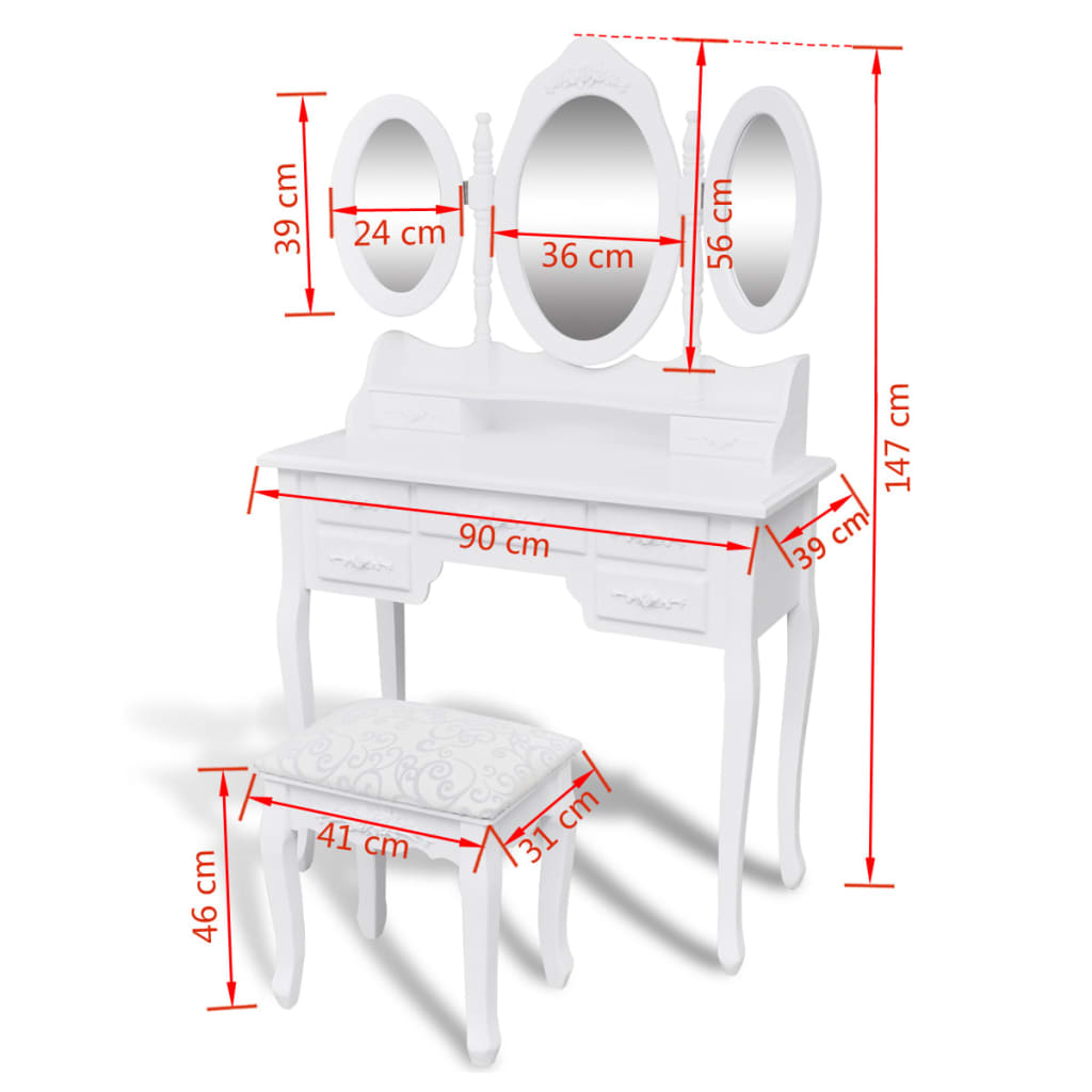 vidaXL Dressing Table with Stool and 3 Mirrors White