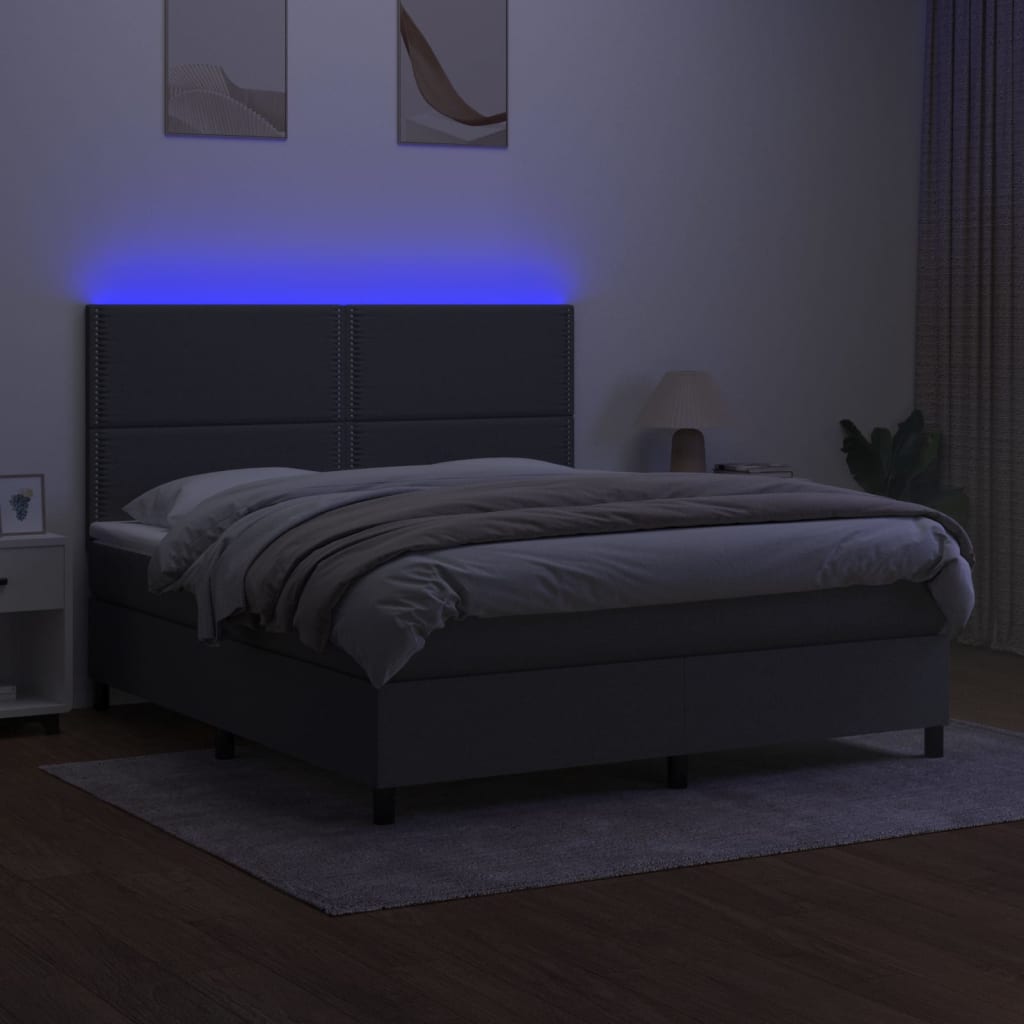 vidaXL Box Spring Bed with Mattress&LED Dark Grey 153x203 cm Queen Size Fabric