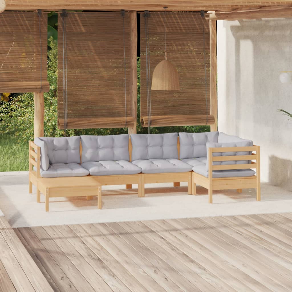 vidaXL 6 Piece Garden Lounge Set with Grey Cushions Solid Pinewood