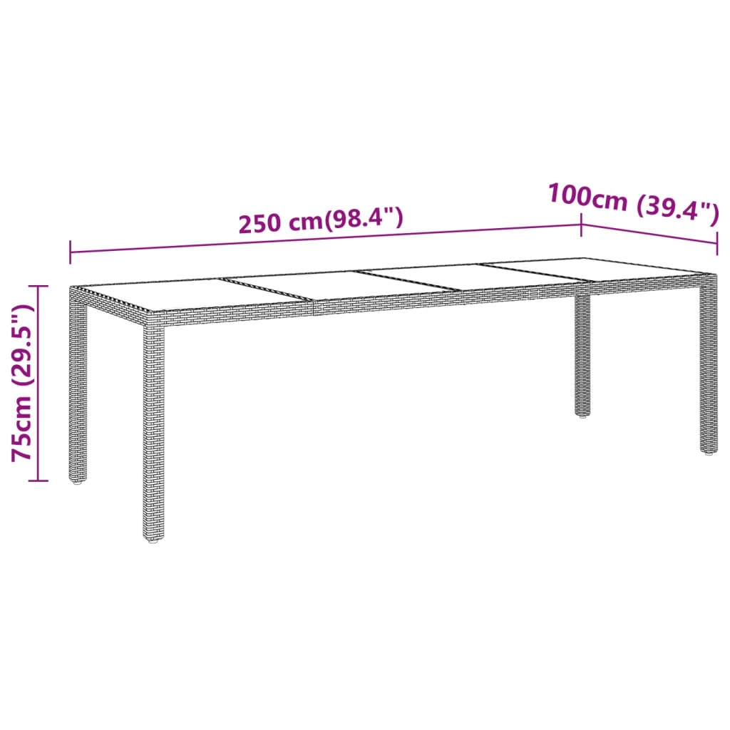 vidaXL Garden Table 250x100x75 cm Tempered Glass and Poly Rattan Grey