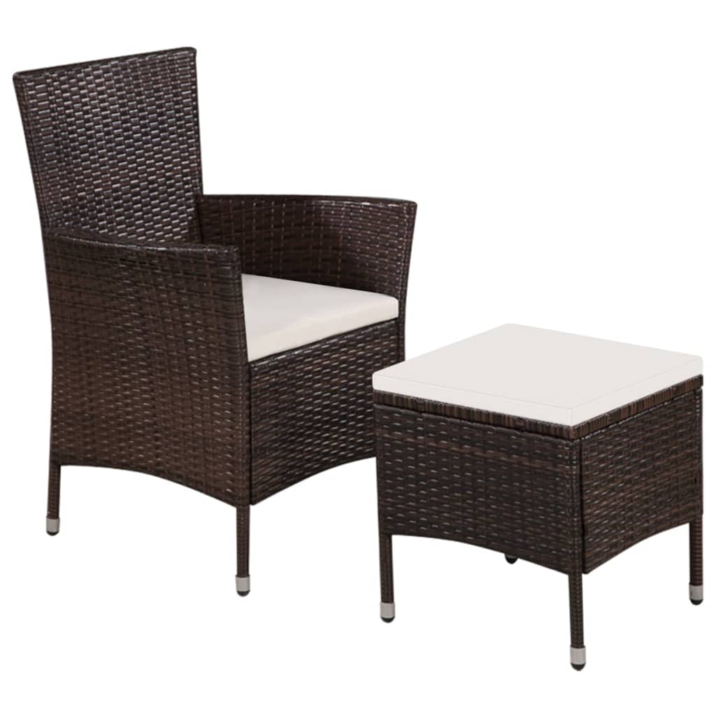 vidaXL Outdoor Chair and Stool with Cushions Poly Rattan Brown