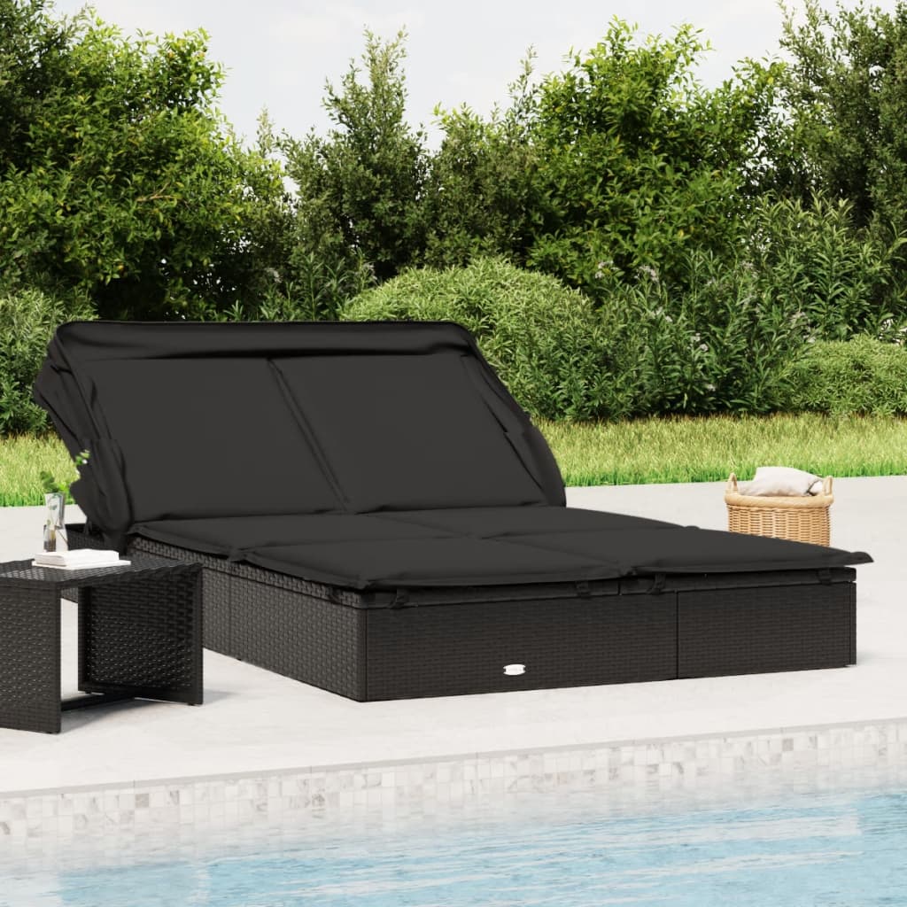 vidaXL 2-Person Sunbed with Foldable Roof Black 213x118x97 cm Poly Rattan