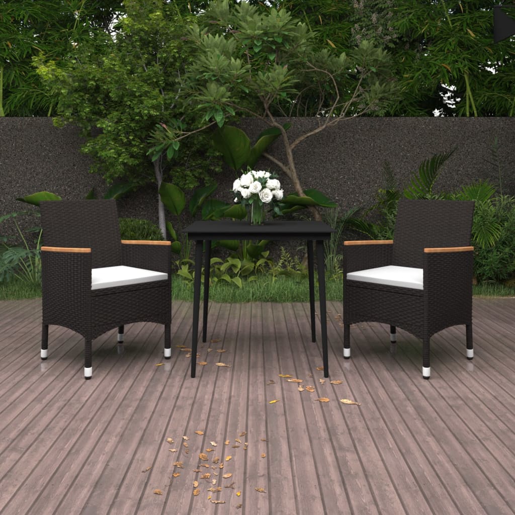vidaXL 3 Piece Garden Dining Set with Cushions Poly Rattan and Glass