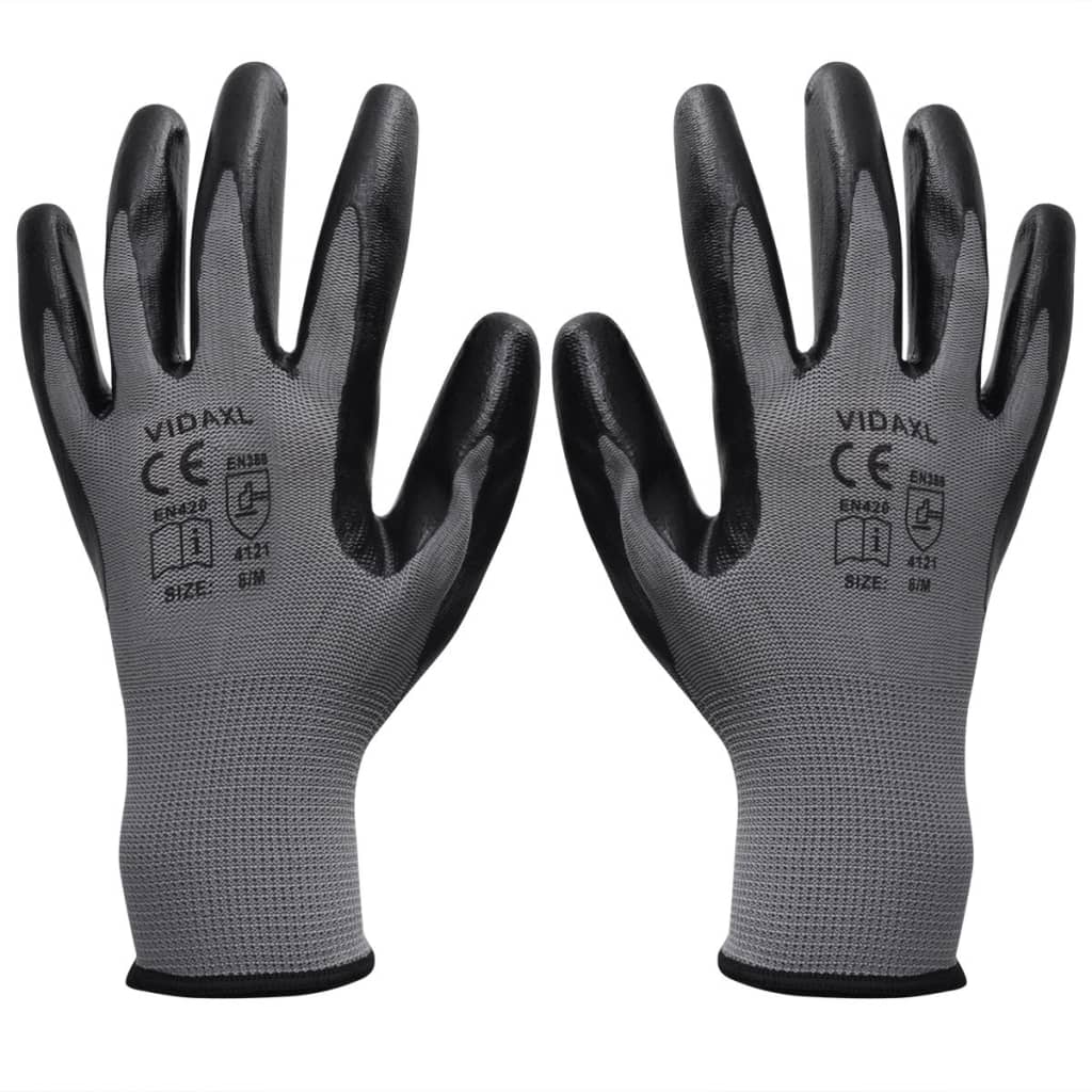 vidaXL Work Gloves Nitrile 24 Pairs Grey and Black Size 8/M