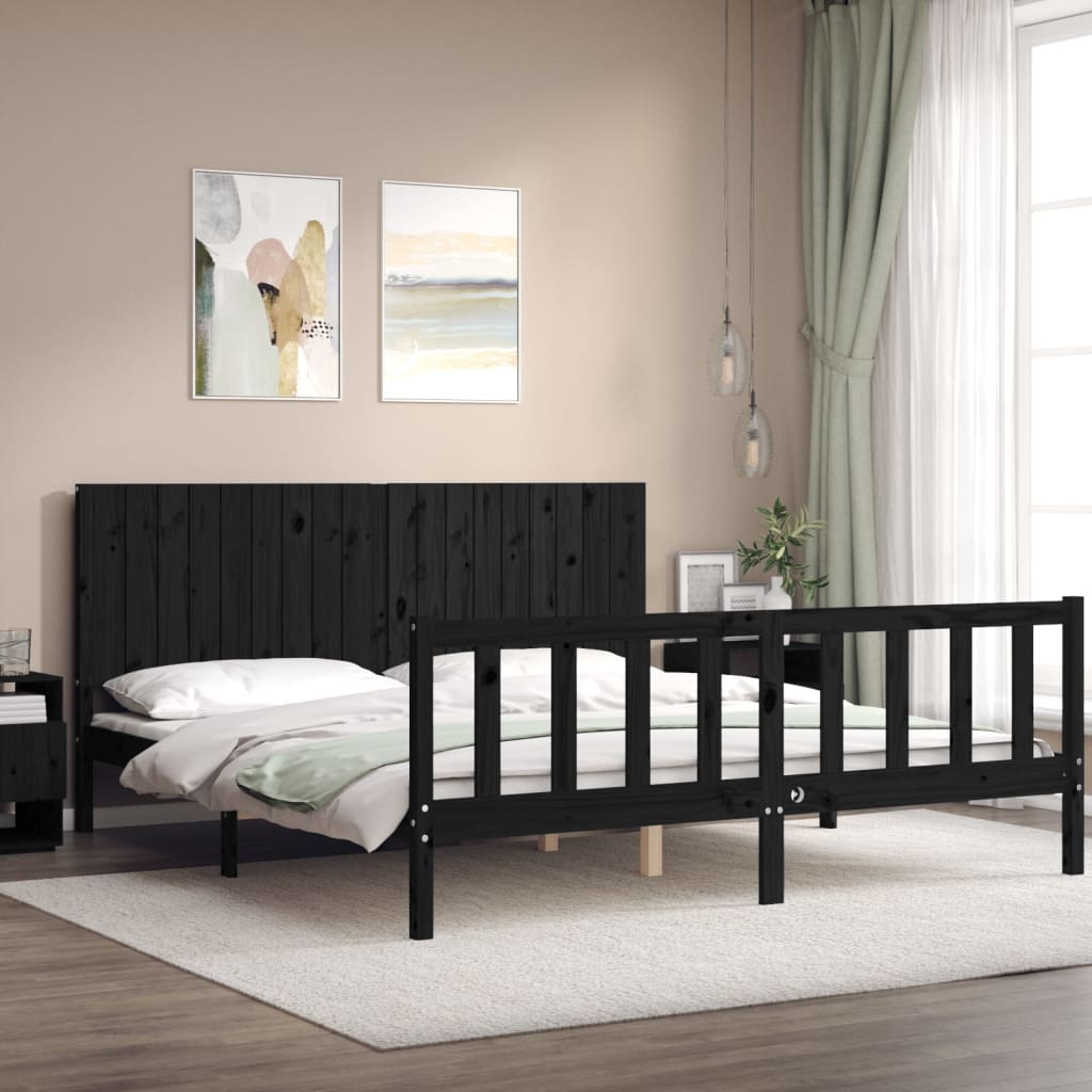 vidaXL Bed Frame with Headboard Black Super King Size Solid Wood