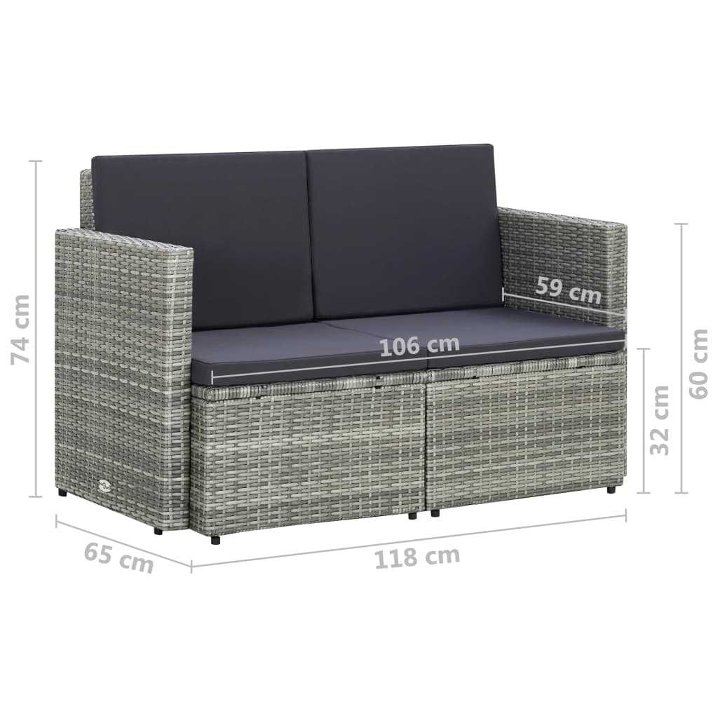 vidaXL 2 Seater Garden Sofa with Cushions Grey Poly Rattan