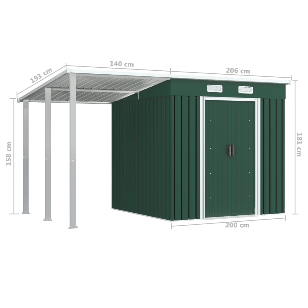 vidaXL Garden Shed with Extended Roof Green 346x193x181 cm Steel