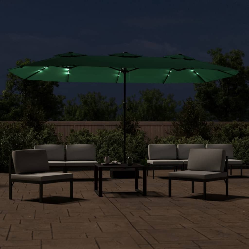 vidaXL Double-Head Parasol with LEDs Green 449x245 cm