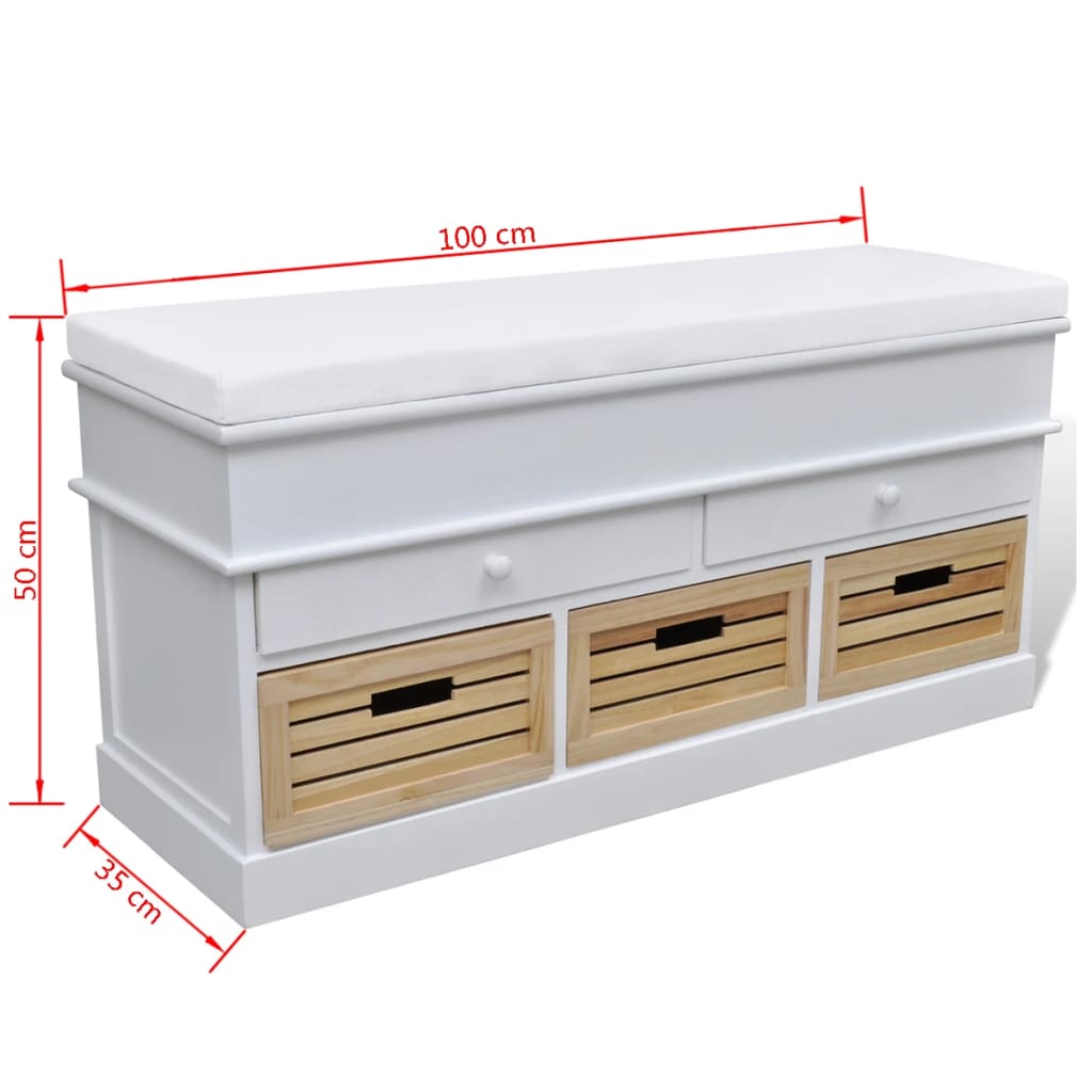 White Storage & Entryway Bench with Cushion Top 2 Draw 3 Crate