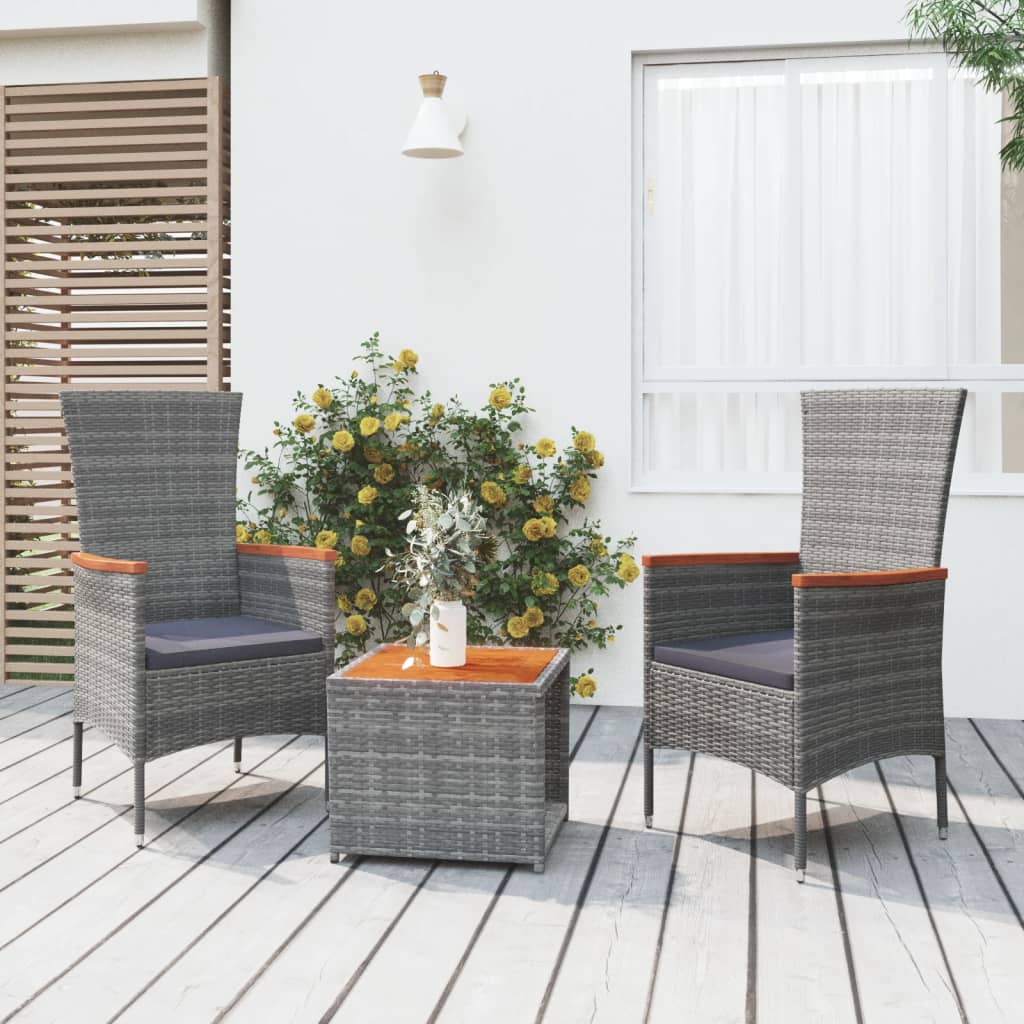 vidaXL 3 Piece Garden Lounge Set Grey Poly Rattan&Solid Wood Acacia