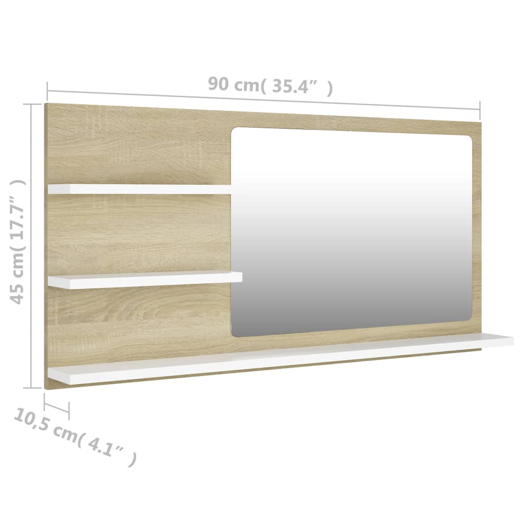 vidaXL Bathroom Mirror White and Sonoma Oak 90x10.5x45 cm Engineered Wood