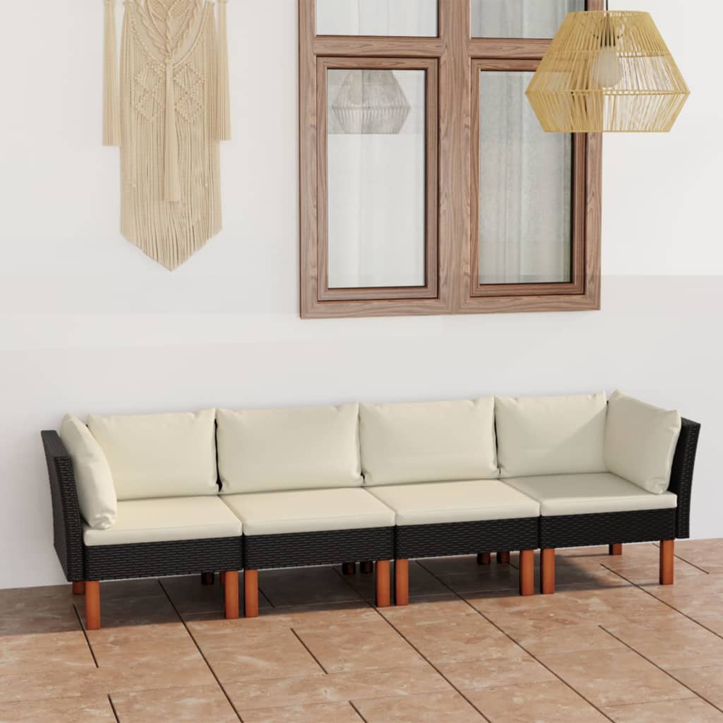vidaXL 4-Seater Garden Sofa with Cushions Black Poly Rattan