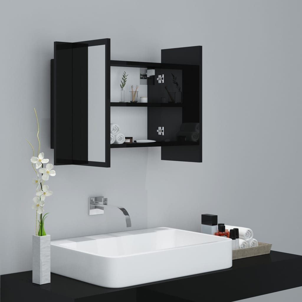 vidaXL LED Bathroom Mirror Cabinet High Gloss Black 60x12x45 cm