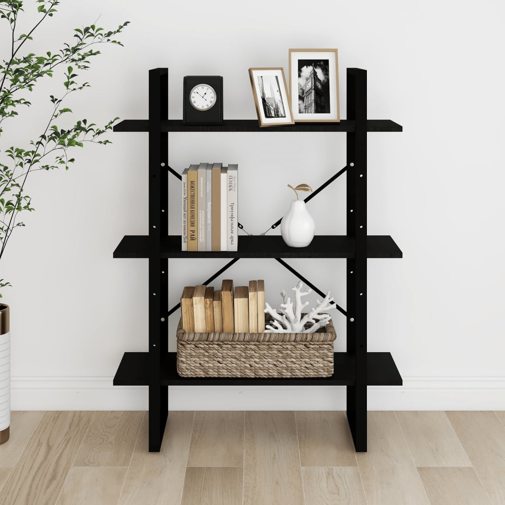 vidaXL 3-Tier Book Cabinet Black 80x30x105 cm Solid Pine Wood