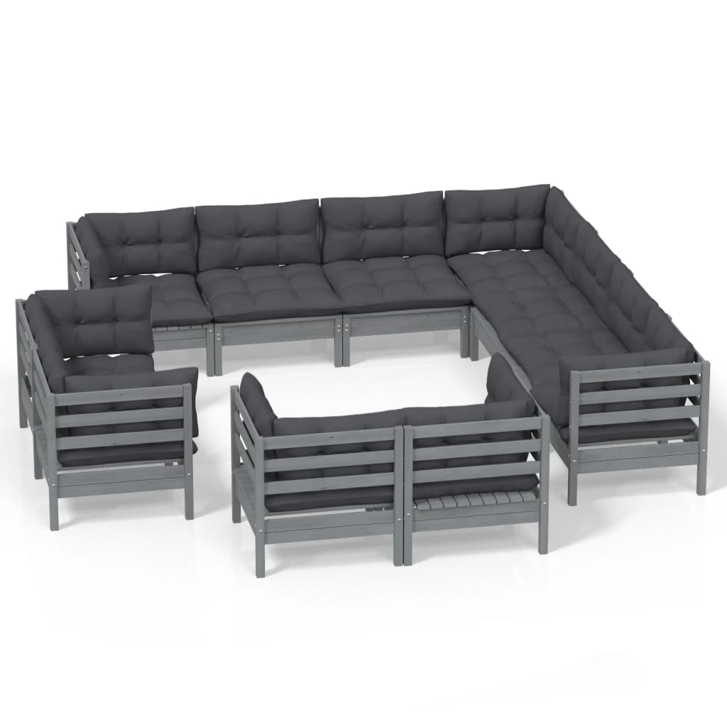 vidaXL 11 Piece Garden Lounge Set with Cushions Grey Solid Pinewood