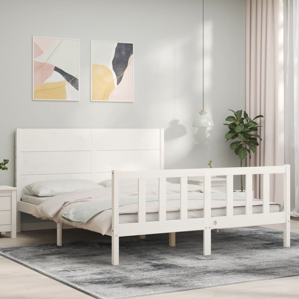 vidaXL Bed Frame with Headboard White King Size Solid Wood