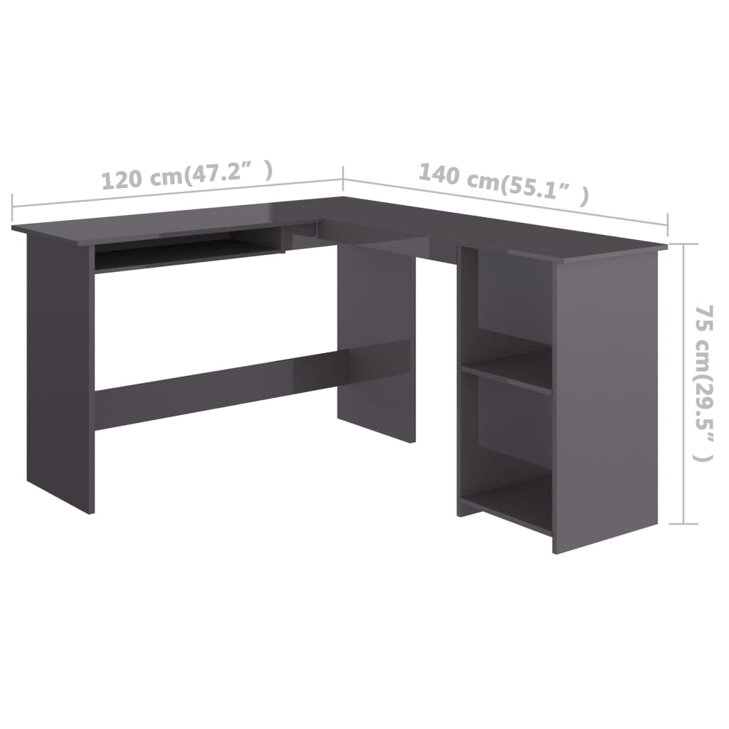 vidaXL L-Shaped Corner Desk High Gloss Grey 47.2"x55.1"x29.5" Engineered Wood
