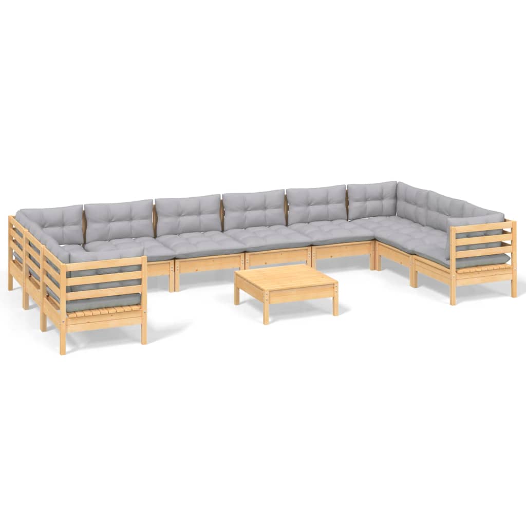 vidaXL 11 Piece Garden Lounge Set with Grey Cushions Pinewood