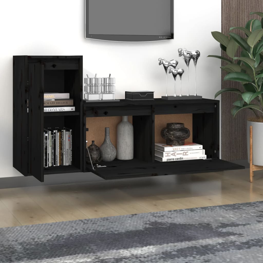 vidaXL TV Cabinets 2 pcs Black Solid Wood Pine