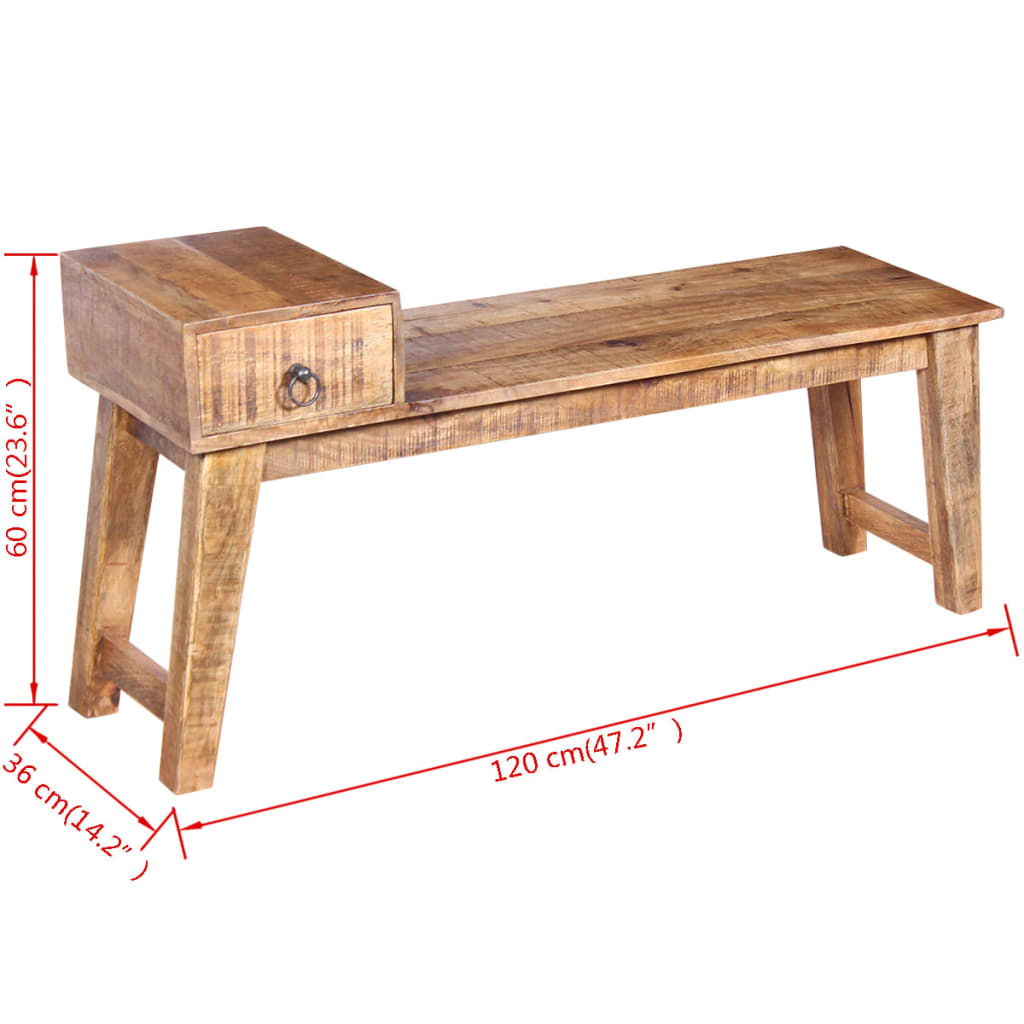 vidaXL Bench with Drawer Solid Mango Wood 120x36x60 cm