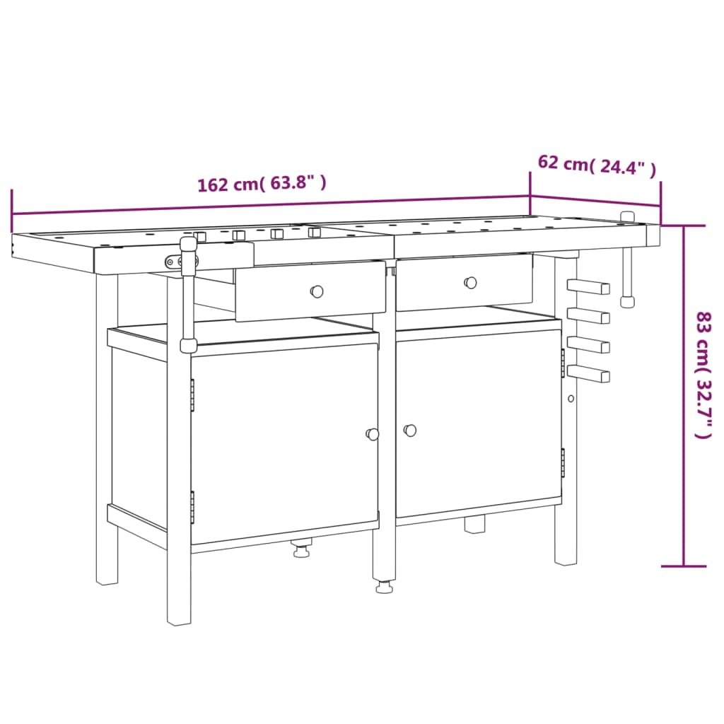 vidaXL Workbench with Drawers and Vices 162x62x83 cm Solid Wood Acacia