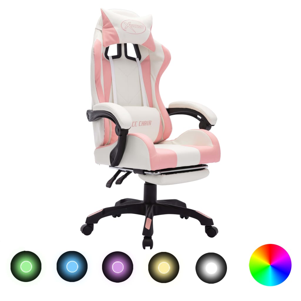 vidaXL Racing Chair with RGB LED Lights Pink and White Faux Leather