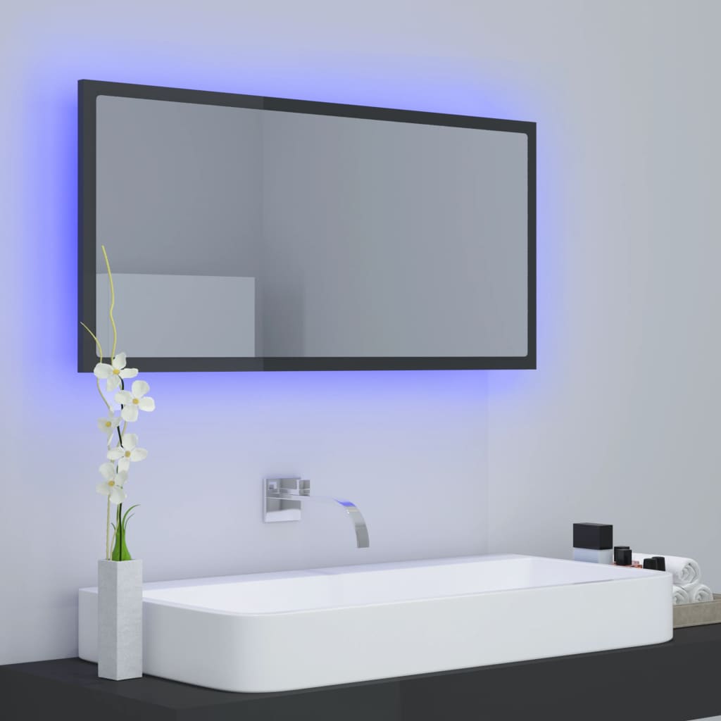 vidaXL LED Bathroom Mirror High Gloss Grey 90x8.5x37 cm Acrylic