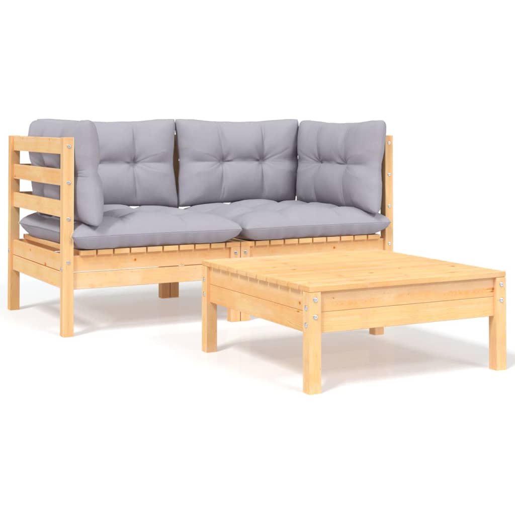 vidaXL 3 Piece Garden Lounge Set with Grey Cushions Solid Pinewood