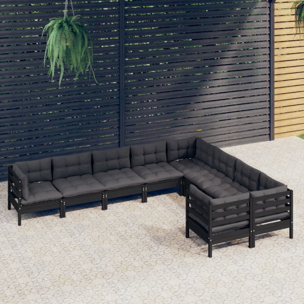 vidaXL 9 Piece Garden Lounge Set with Cushions Black Pinewood