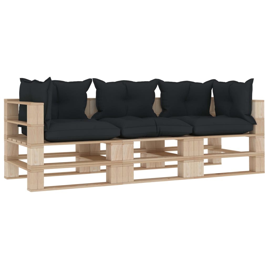 vidaXL Garden Pallet Sofa 3-Seater with Anthracite Cushions Wood