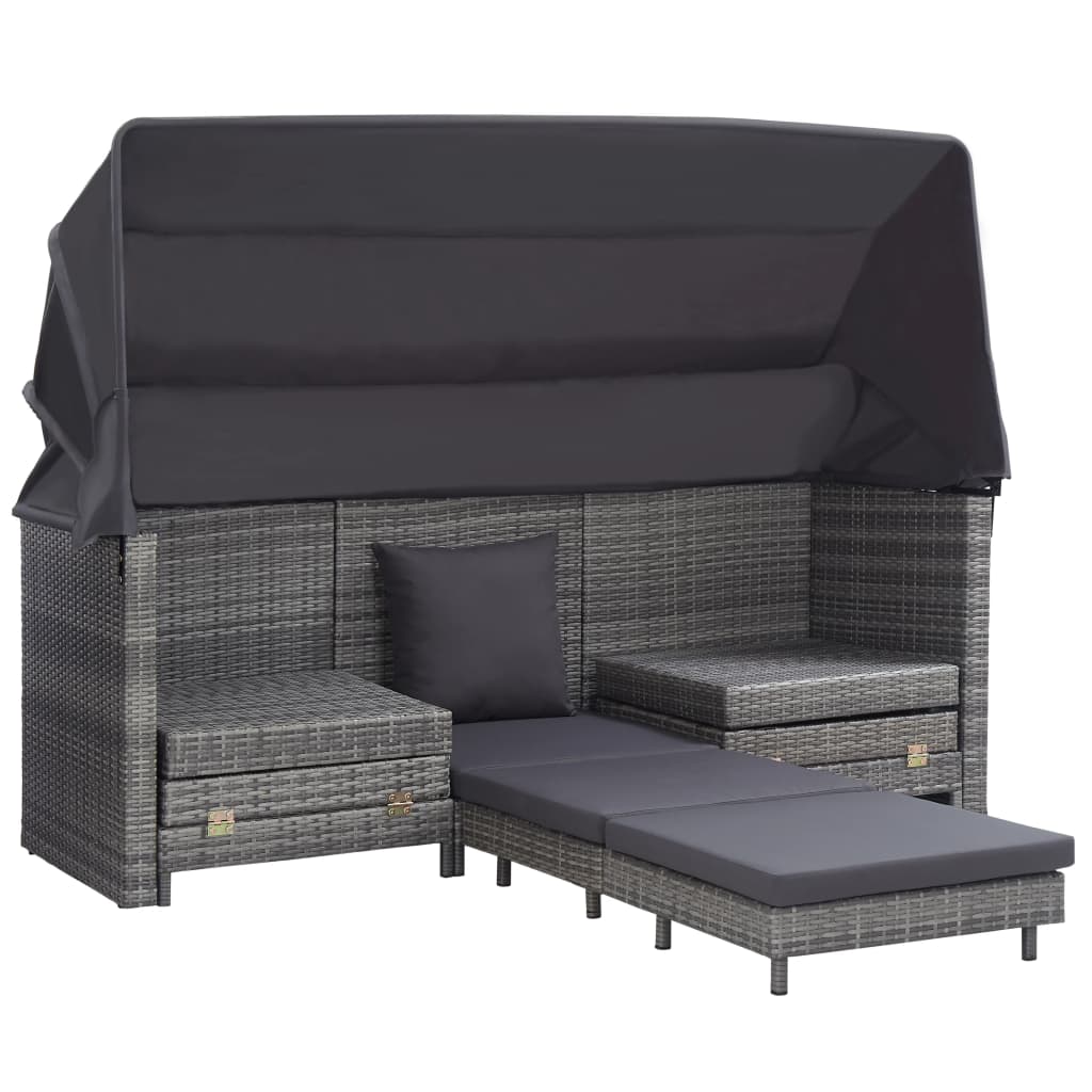 vidaXL Extendable 3-Seater Sofa Bed with Roof Poly Rattan Grey