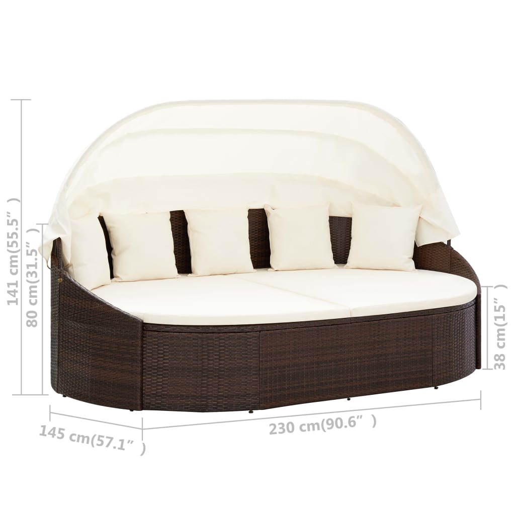 vidaXL Outdoor Lounge Bed with Canopy Poly Rattan Brown
