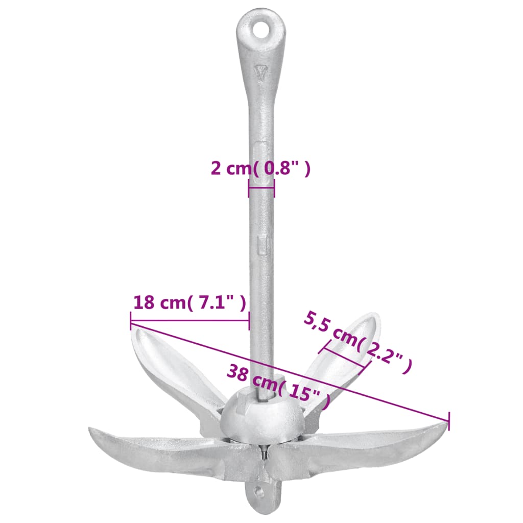 vidaXL Folding Anchor with Rope Silver 4 kg Malleable Iron