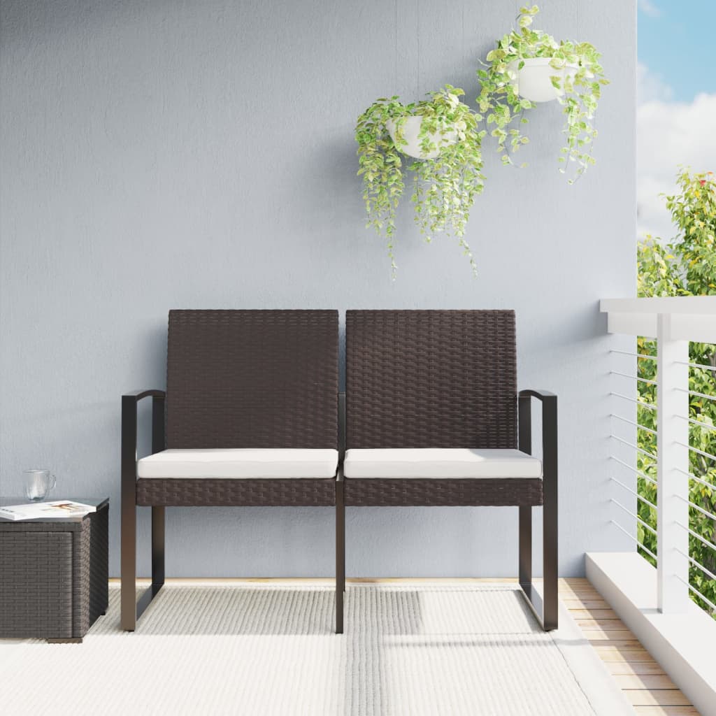 vidaXL 2-Seater Garden Bench with Cushions Brown PP Rattan