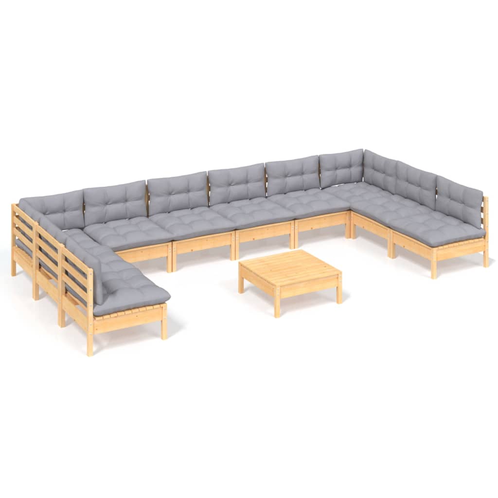 vidaXL 11 Piece Garden Lounge Set with Grey Cushions Solid Pinewood