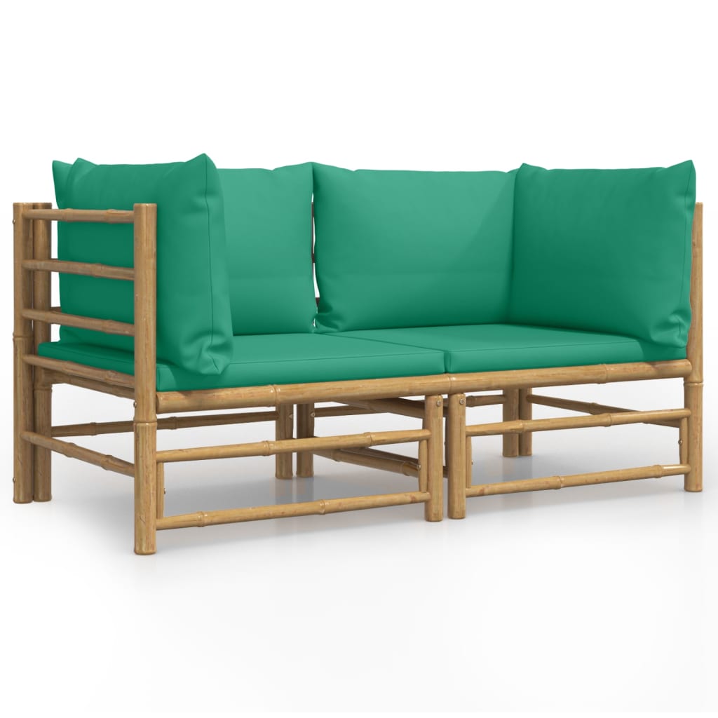 vidaXL Garden Corner Sofas with Green Cushions 2 pcs Bamboo