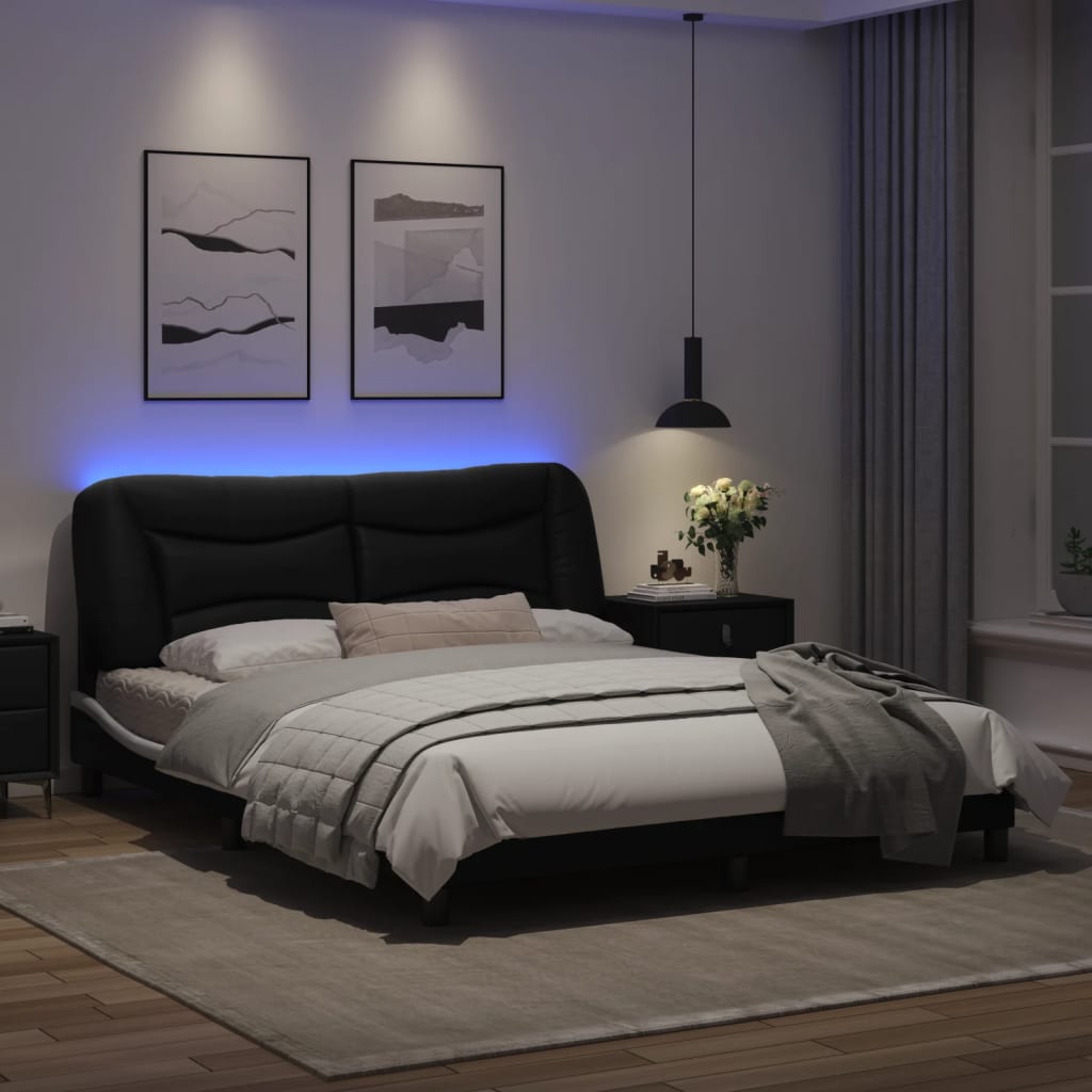 vidaXL Bed Frame with LED Light Black and White 152x203 cm Faux Leather