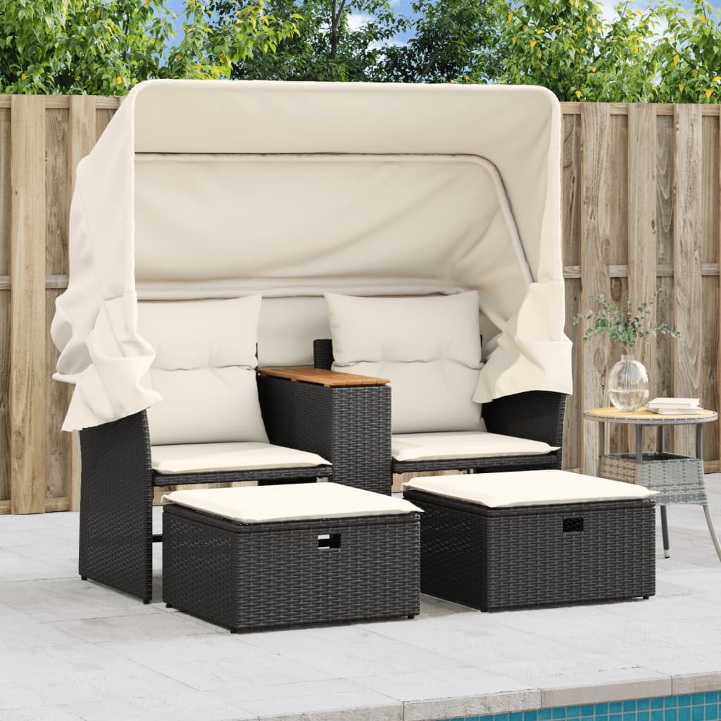 vidaXL Garden Sofa 2-Seater with Canopy and Stools Black Poly Rattan