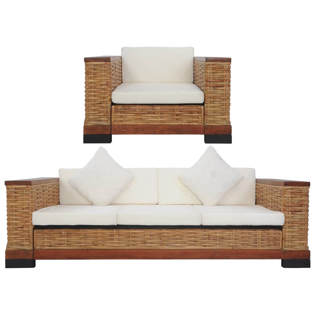 vidaXL 2 Piece Sofa Set with Cushions Brown Natural Rattan