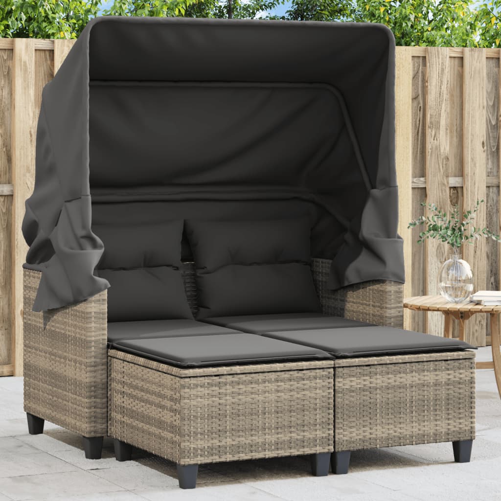 vidaXL Garden Sofa 2-Seater with Canopy and Stools Light Grey Poly Rattan