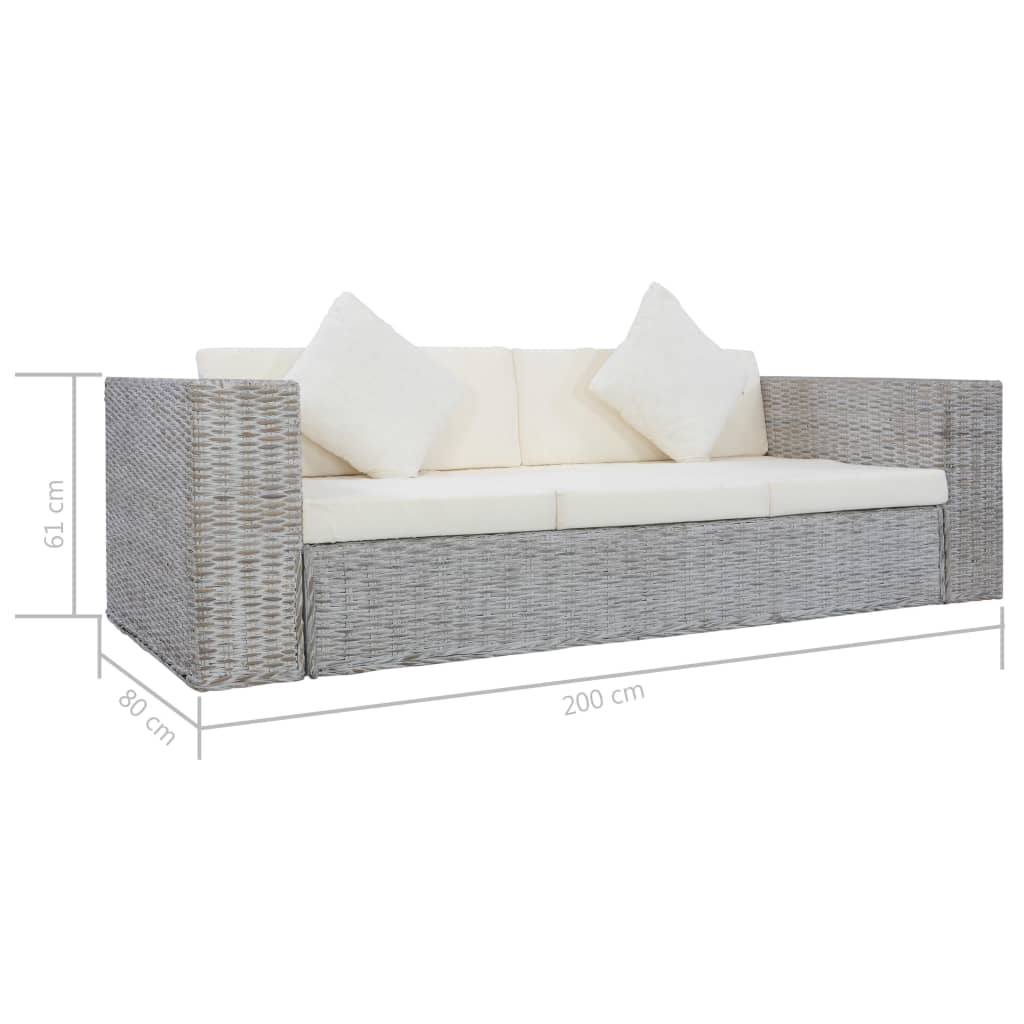 vidaXL 3-Seater Sofa with Cushions Grey Natural Rattan