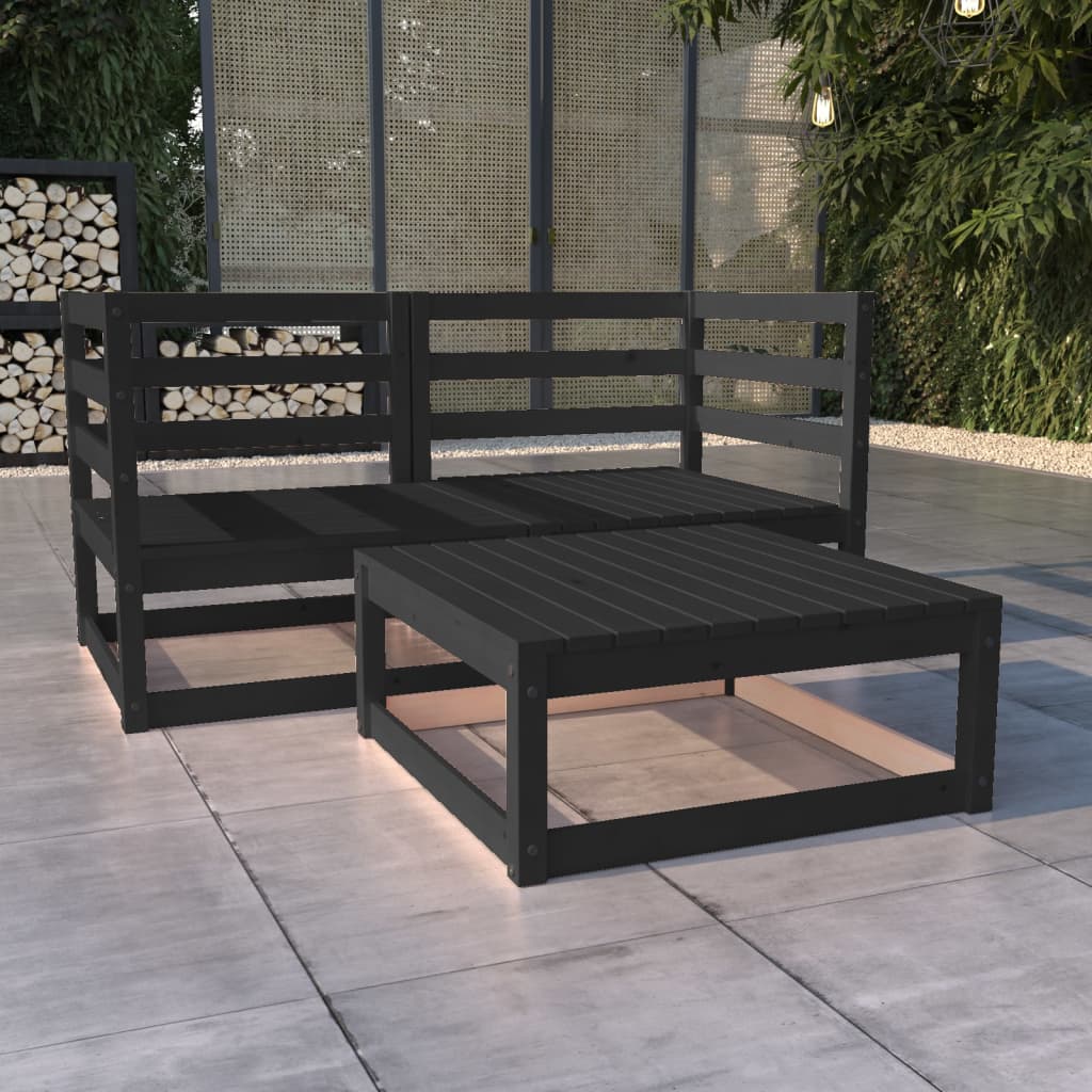 vidaXL 3 Piece Garden Lounge Set Black Solid Wood Pine