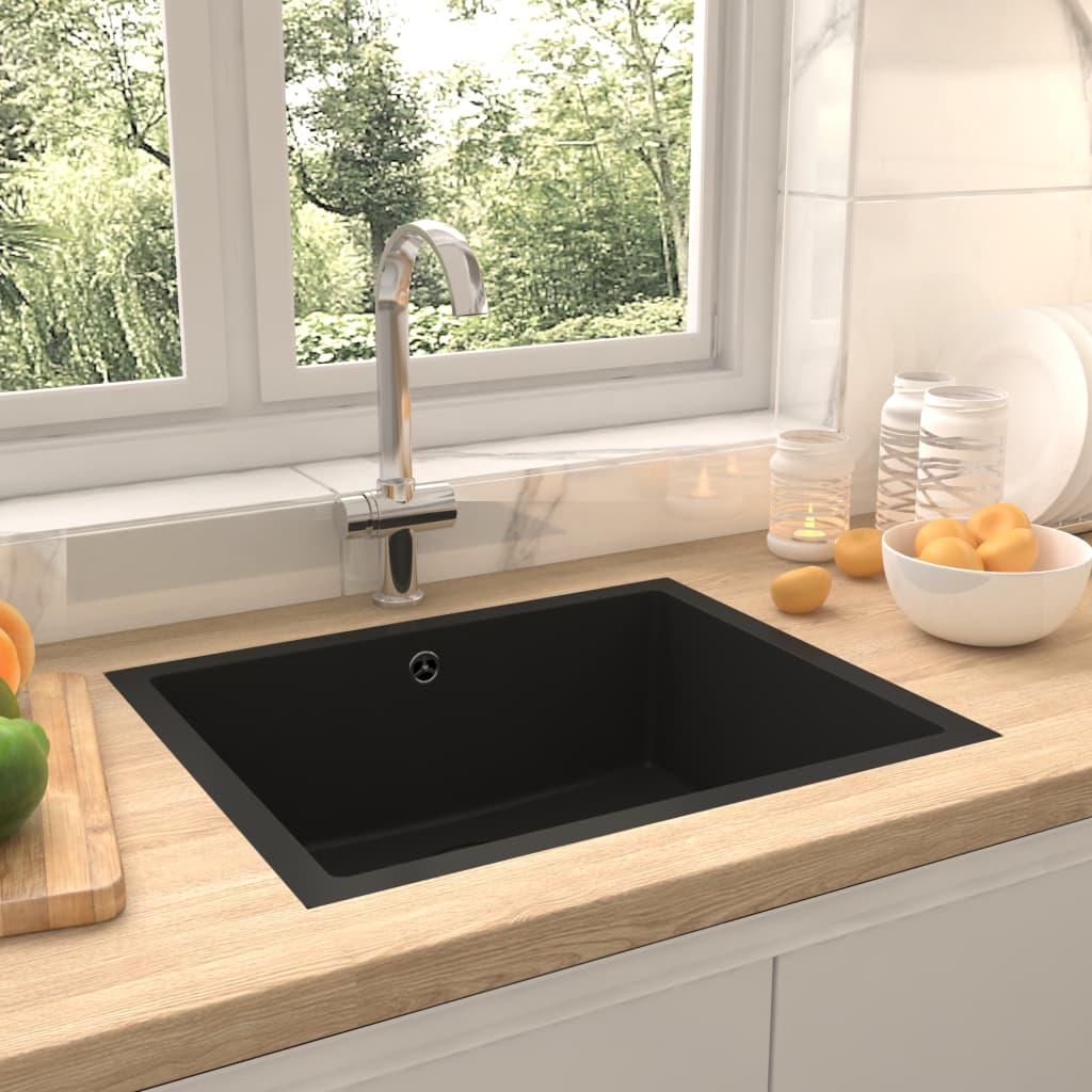 vidaXL Kitchen Sink with Overflow Hole Black Granite