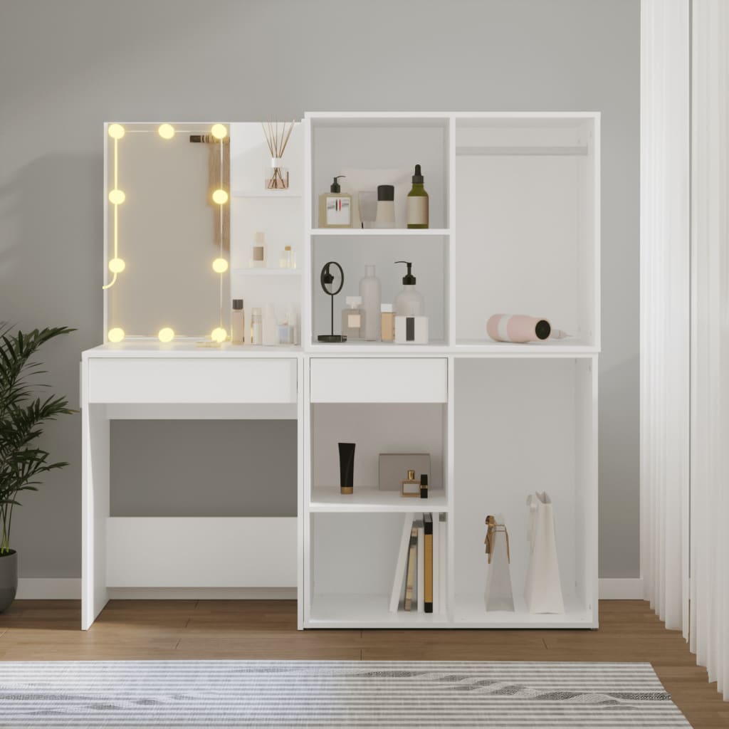 vidaXL LED Dressing Table with 2 Cabinets White Engineered Wood